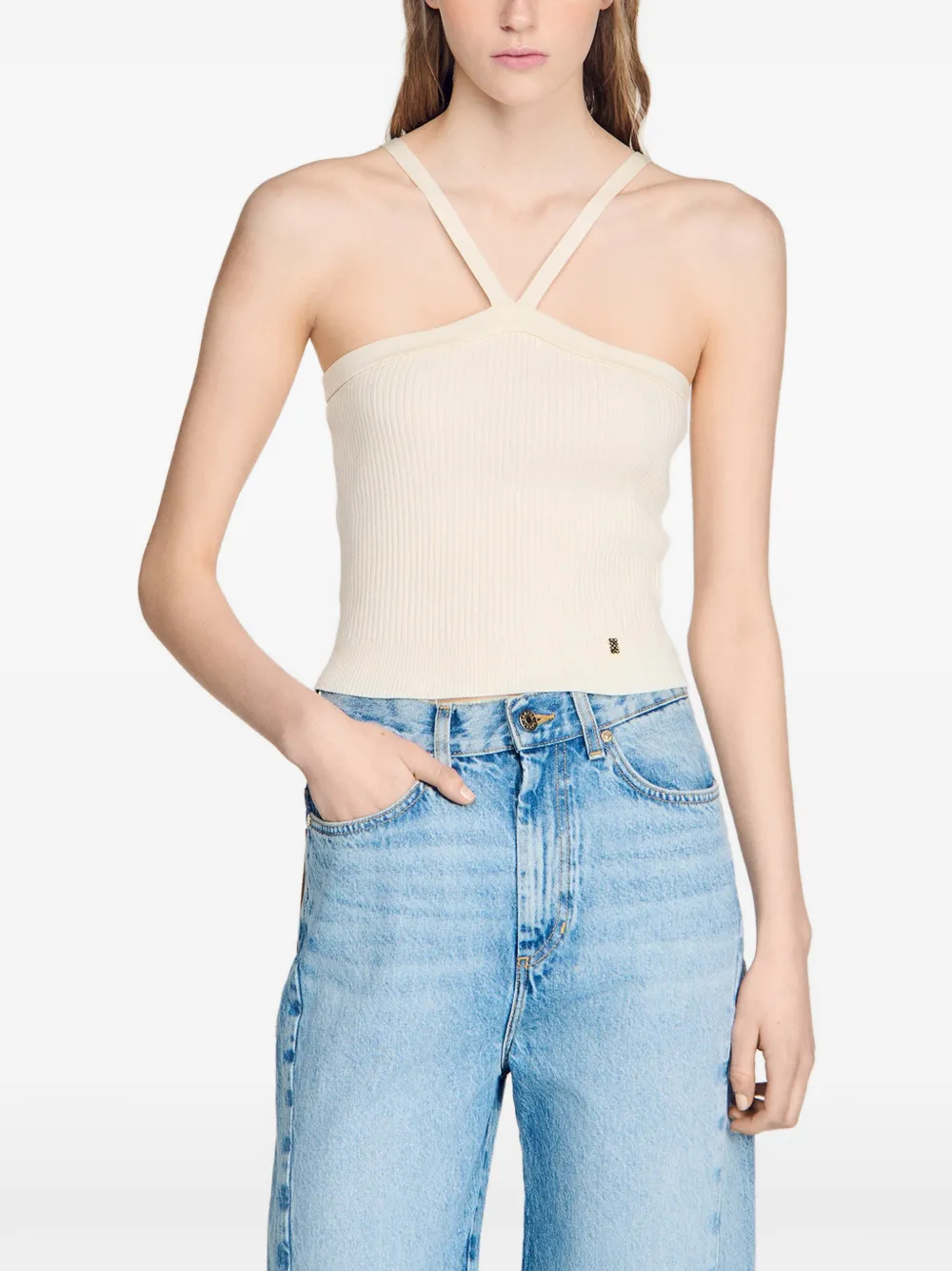 SANDRO Ribgebreide top Beige