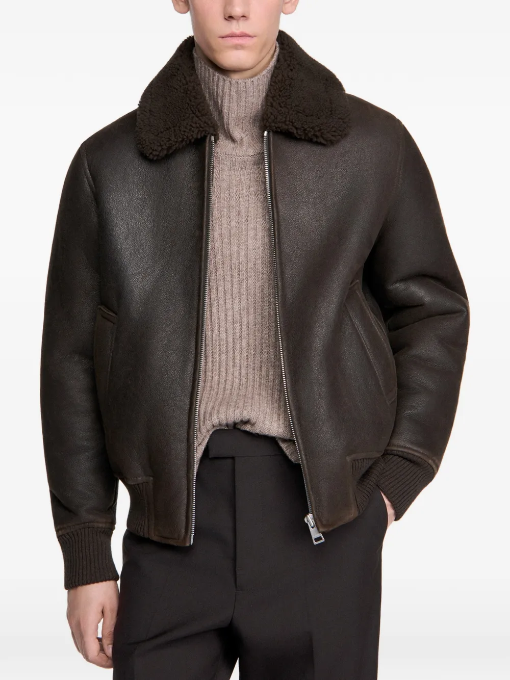 SANDRO shearling wing-collar jacket Bruin