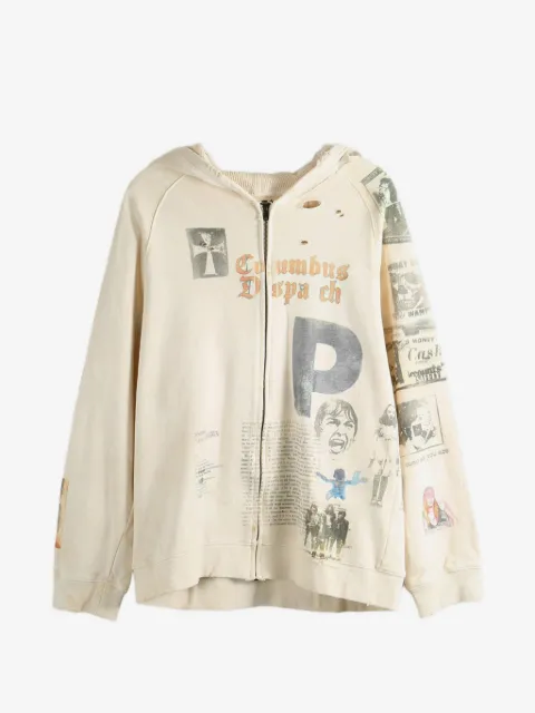 SAITOS Long Live Rock graphic-print distressed zip-up hoodie