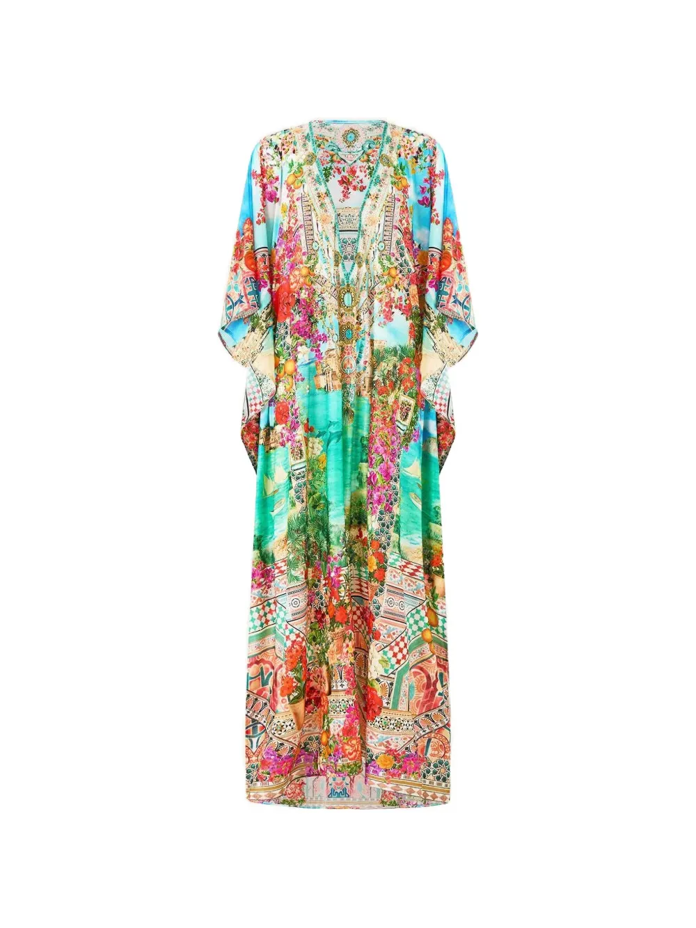 Camilla ring-detail V-neck kaftan - Blau