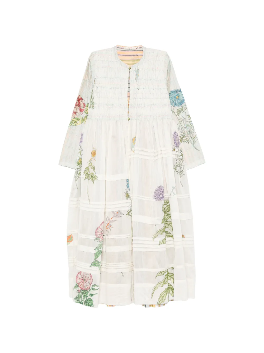 INJIRI floral-print smocked coat - Neutrals