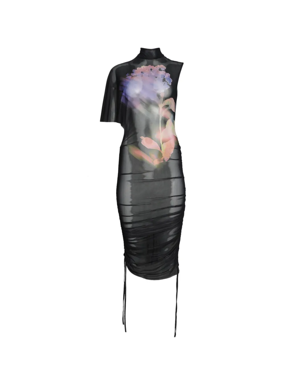 David Koma Asymmetric-sleeve Printed-mesh Midi Dress In Black