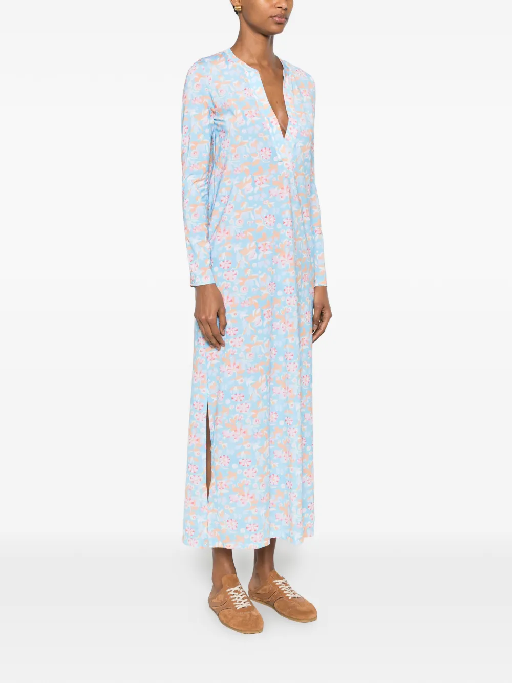 Caliban Midi-jurk met bloemenprint em lange mouwen Blauw