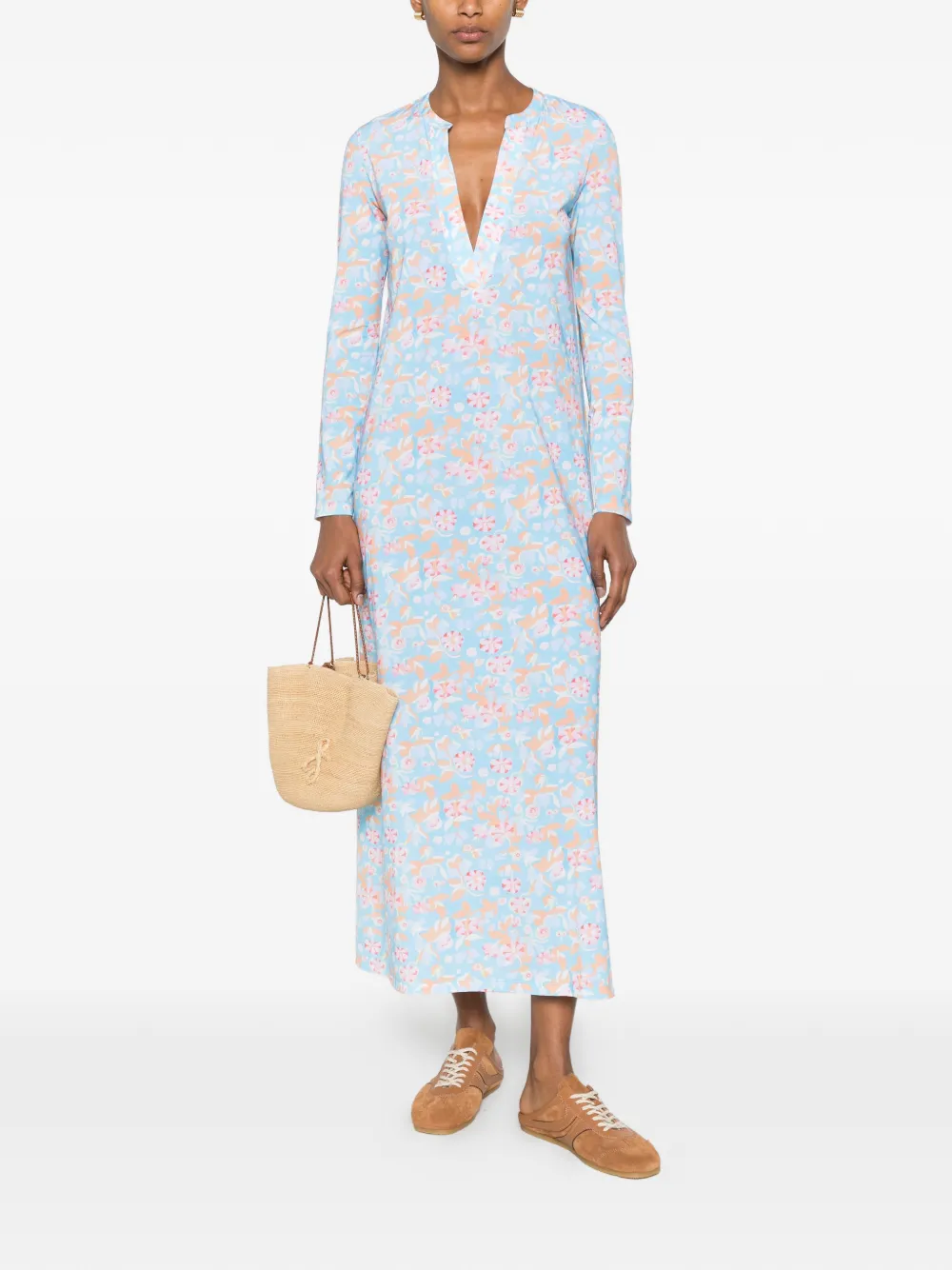 Caliban Midi-jurk met bloemenprint em lange mouwen Blauw