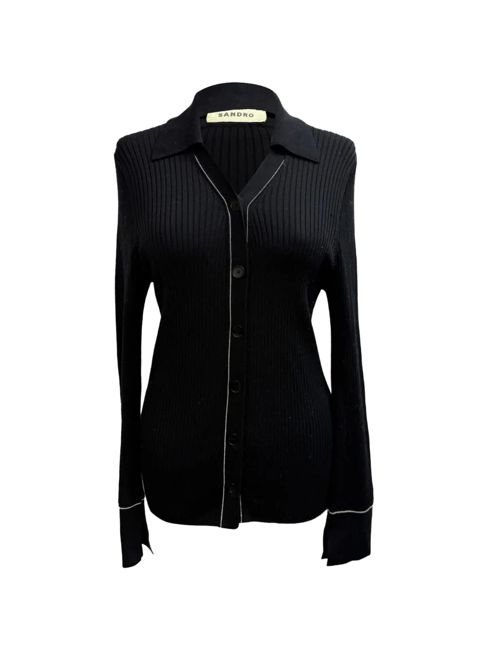 SANDRO Ribbed-knit piped-trim cardigan - Nero