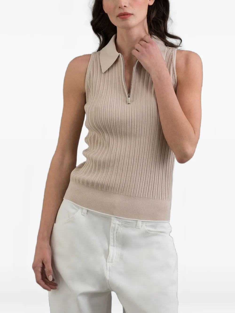 Moorer ANEU-SI5 ribbed-knit sleeveless polo shirt - Toni neutri