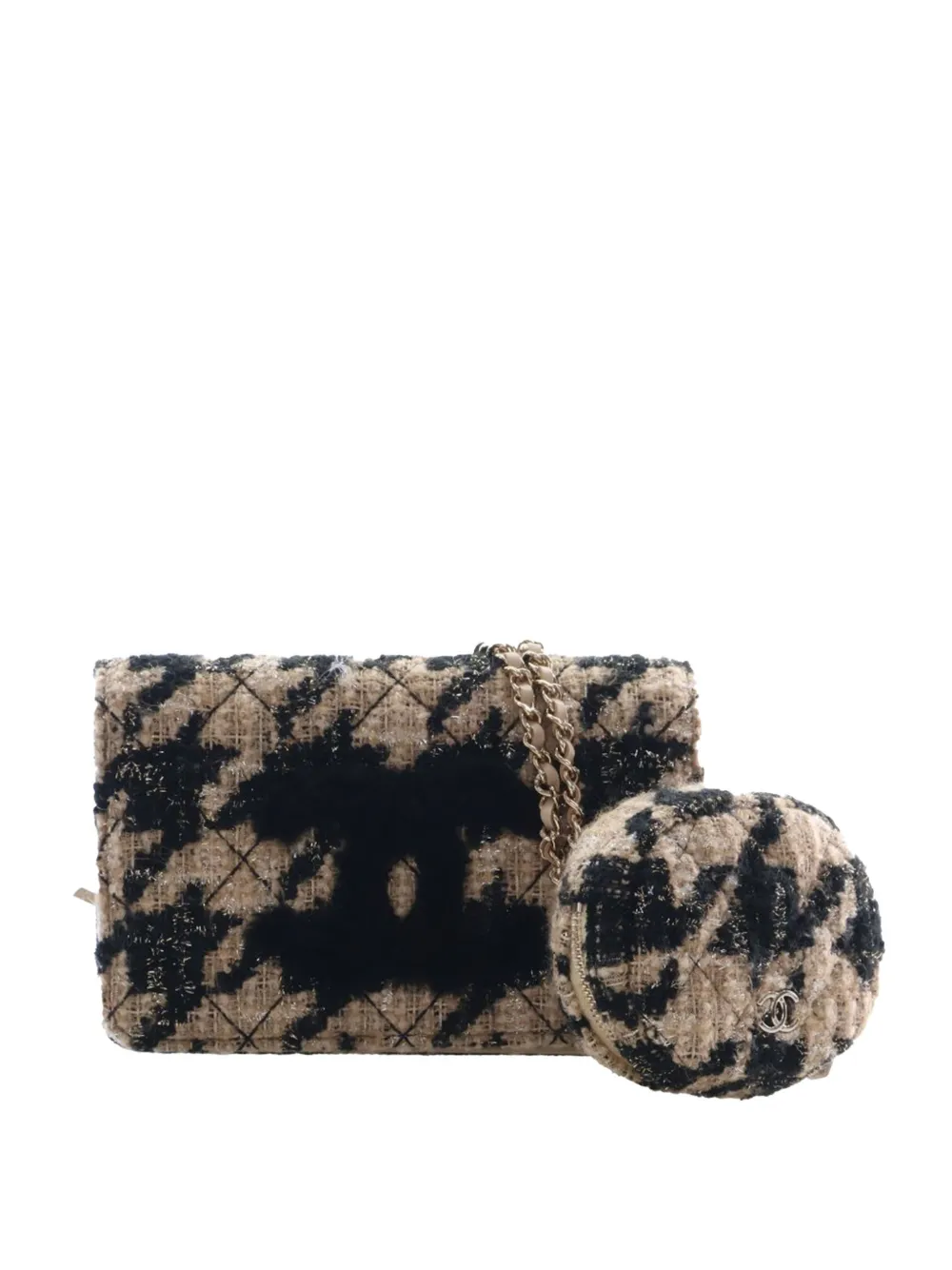 CHANEL Pre-Owned 2019 Houndstooth Tweed Shearling CC Wallet On Chain crossbody bag - Toni neutri