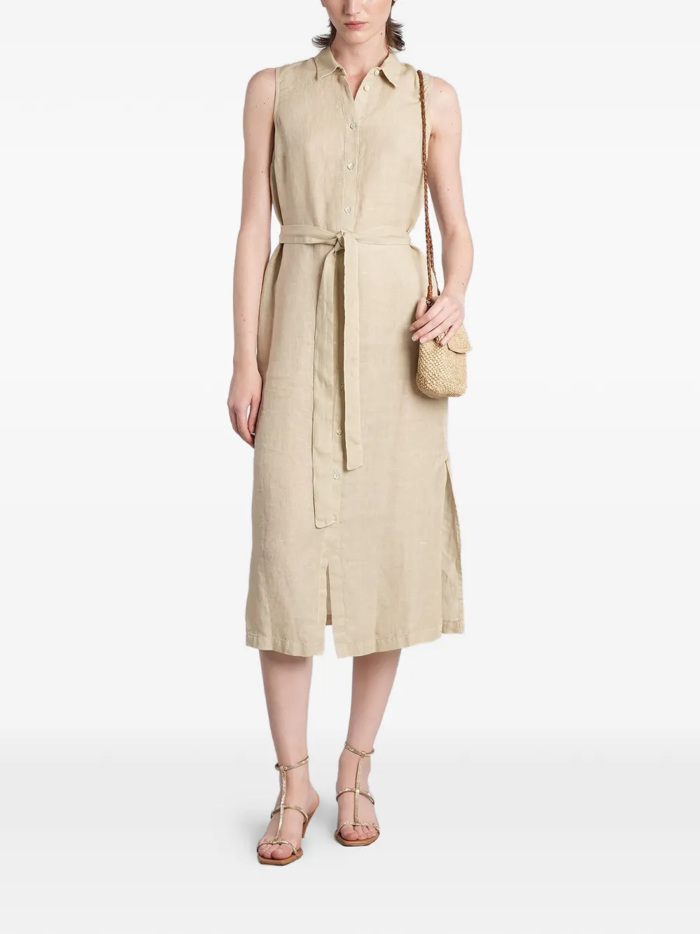 120% Lino belted sleeveless midi dress - Neutrals