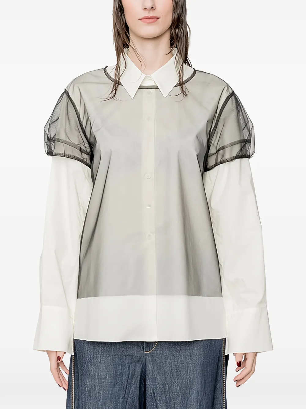 Susanne Bommer Tulle-overlay Short-sleeve Blouse In Black