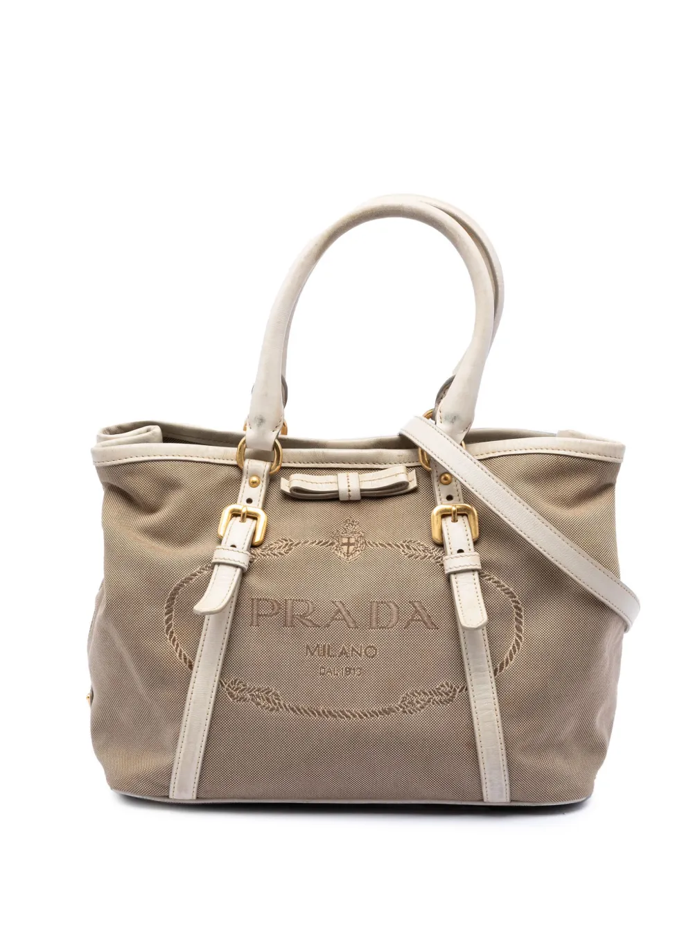 Prada Pre-Owned 2013-2026 Canapa Satchel-Tasche aus Canvas mit Logoschleife - Weiß