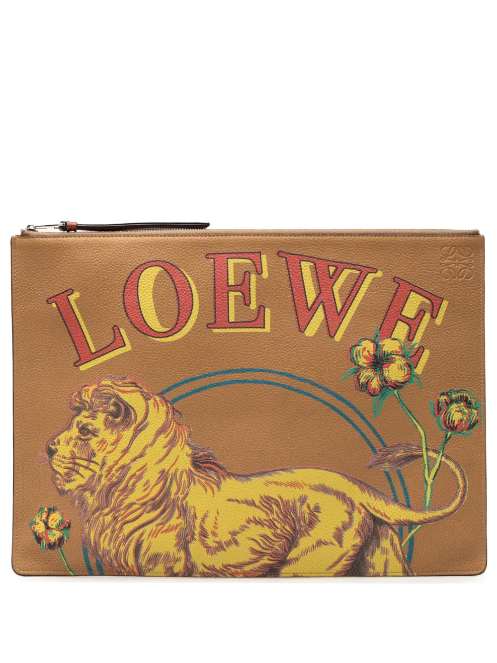 Loewe Pre-Owned 2018 Paulas Ibiza Leather Lion and Floral Print clutch bag - Marrone