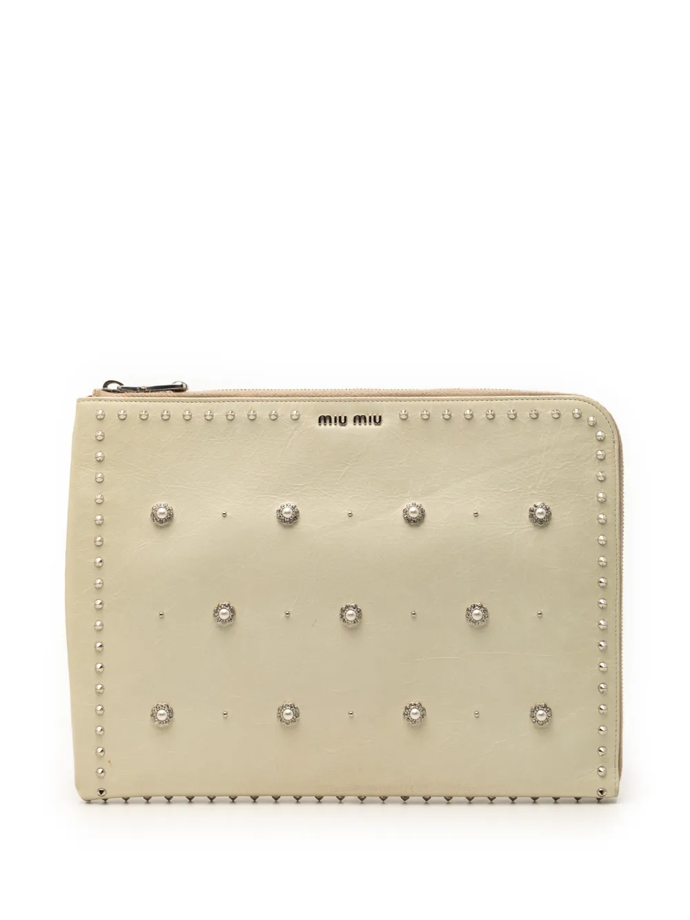 Miu Miu Pre-Owned 2010-2026 Faux Pearl Studded Leather clutch bag - Bianco