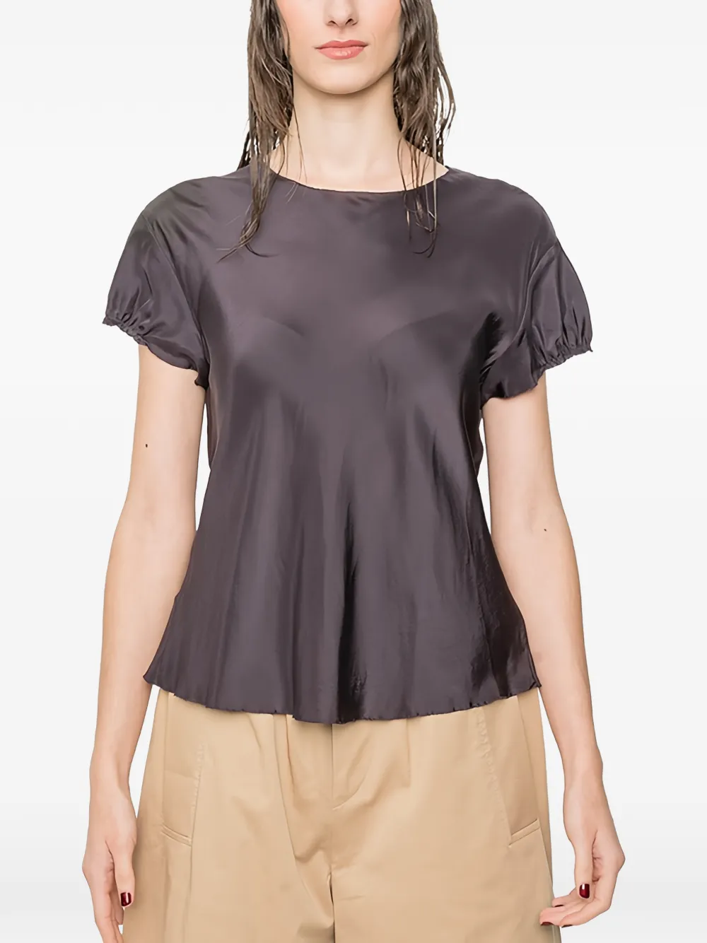 SUSANNE BOMMER gathered-sleeve silk T-shirt - Grigio