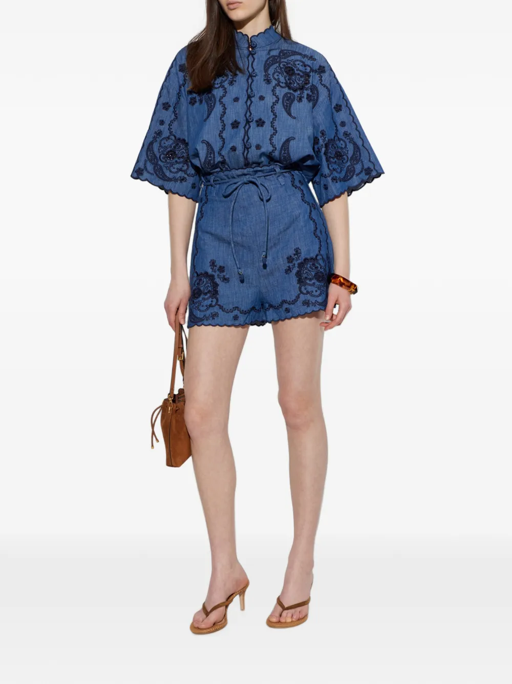 ZIMMERMANN Shorts met borduurwerk en gewelfde afwerking Blauw
