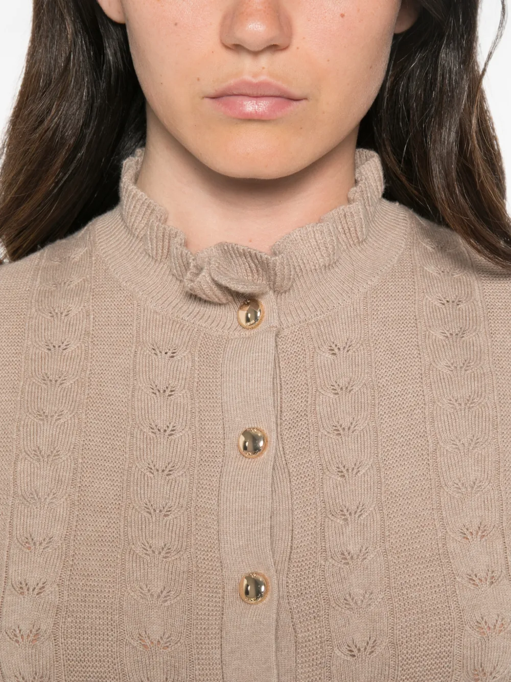 Maje Gebreide midi-jurk met ruches en knopen Beige
