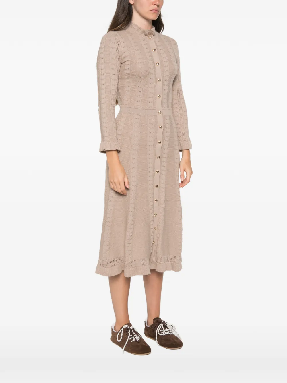 Maje Gebreide midi-jurk met ruches en knopen Beige