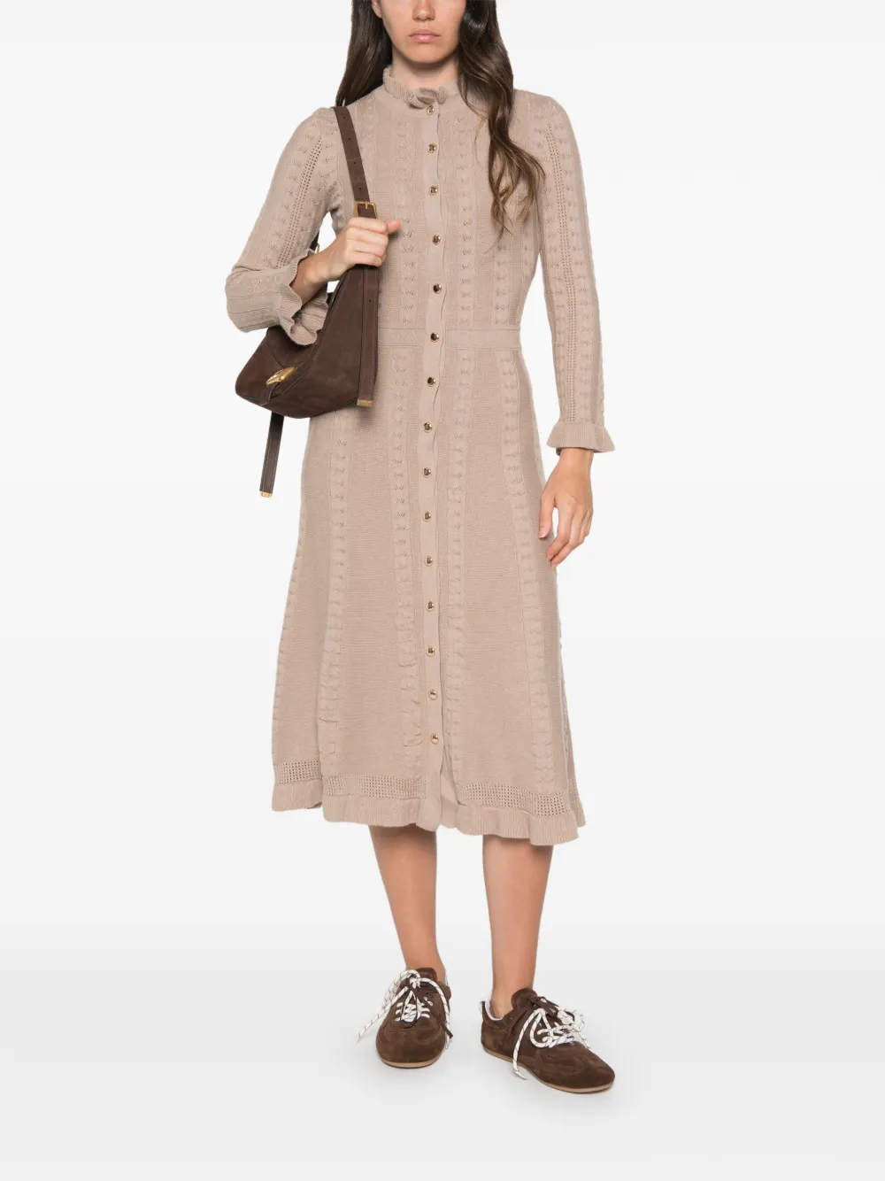 Maje Gebreide midi-jurk met ruches en knopen Beige