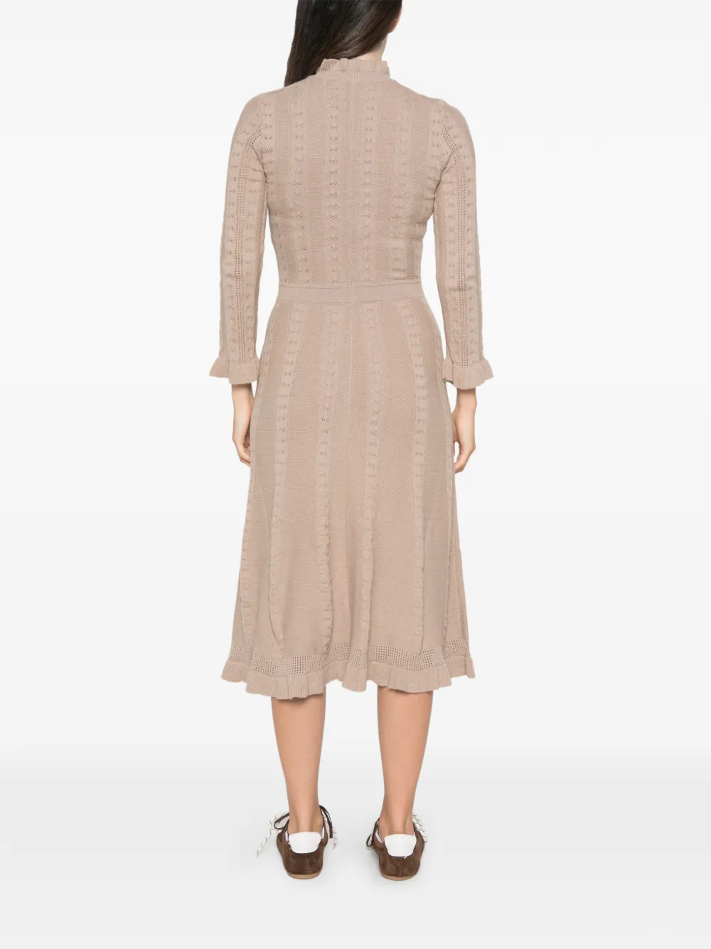 Maje Gebreide midi-jurk met ruches en knopen Beige
