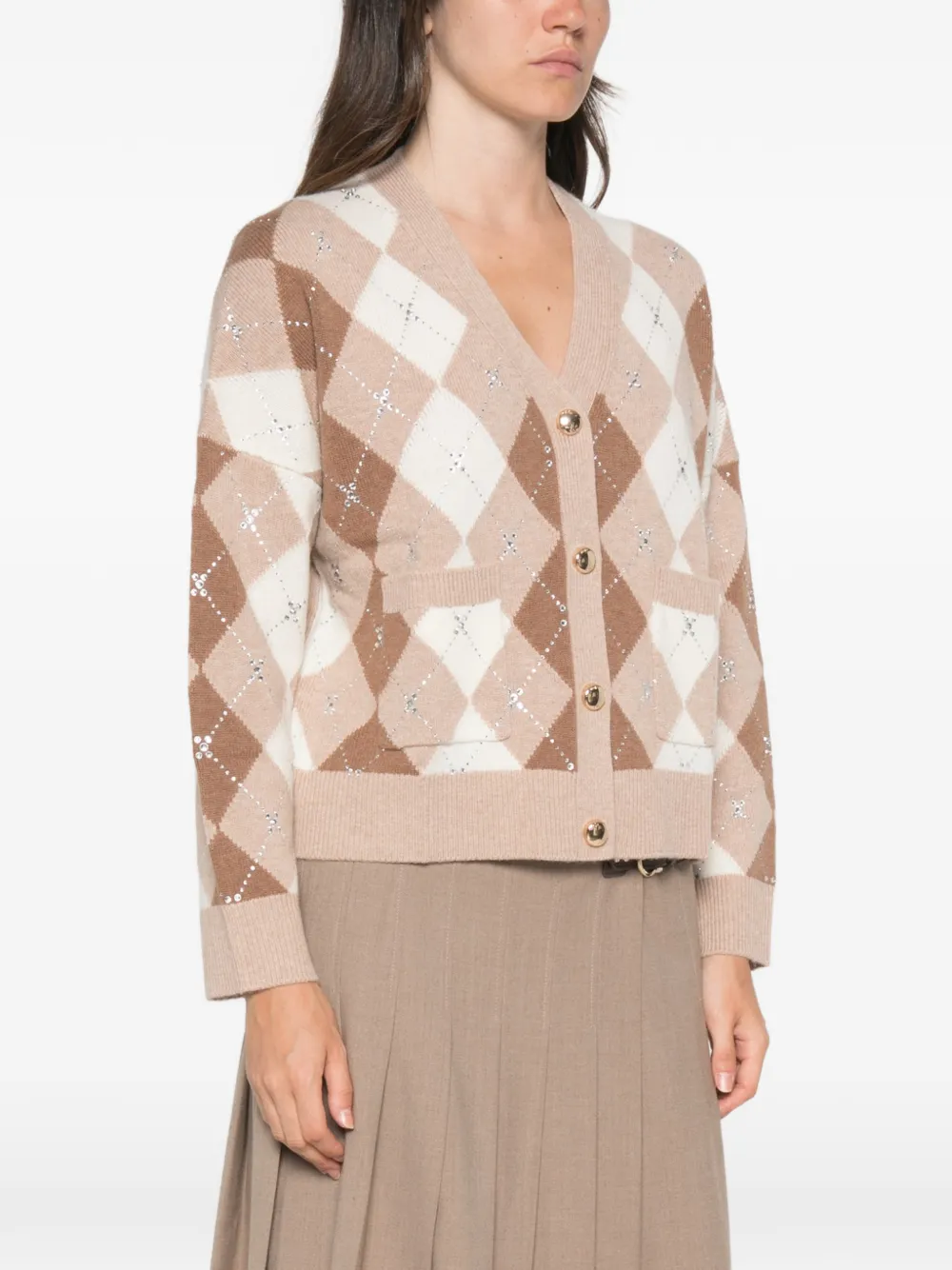 Maje Vest verfraaid met kristallen en argyle-patroon Beige