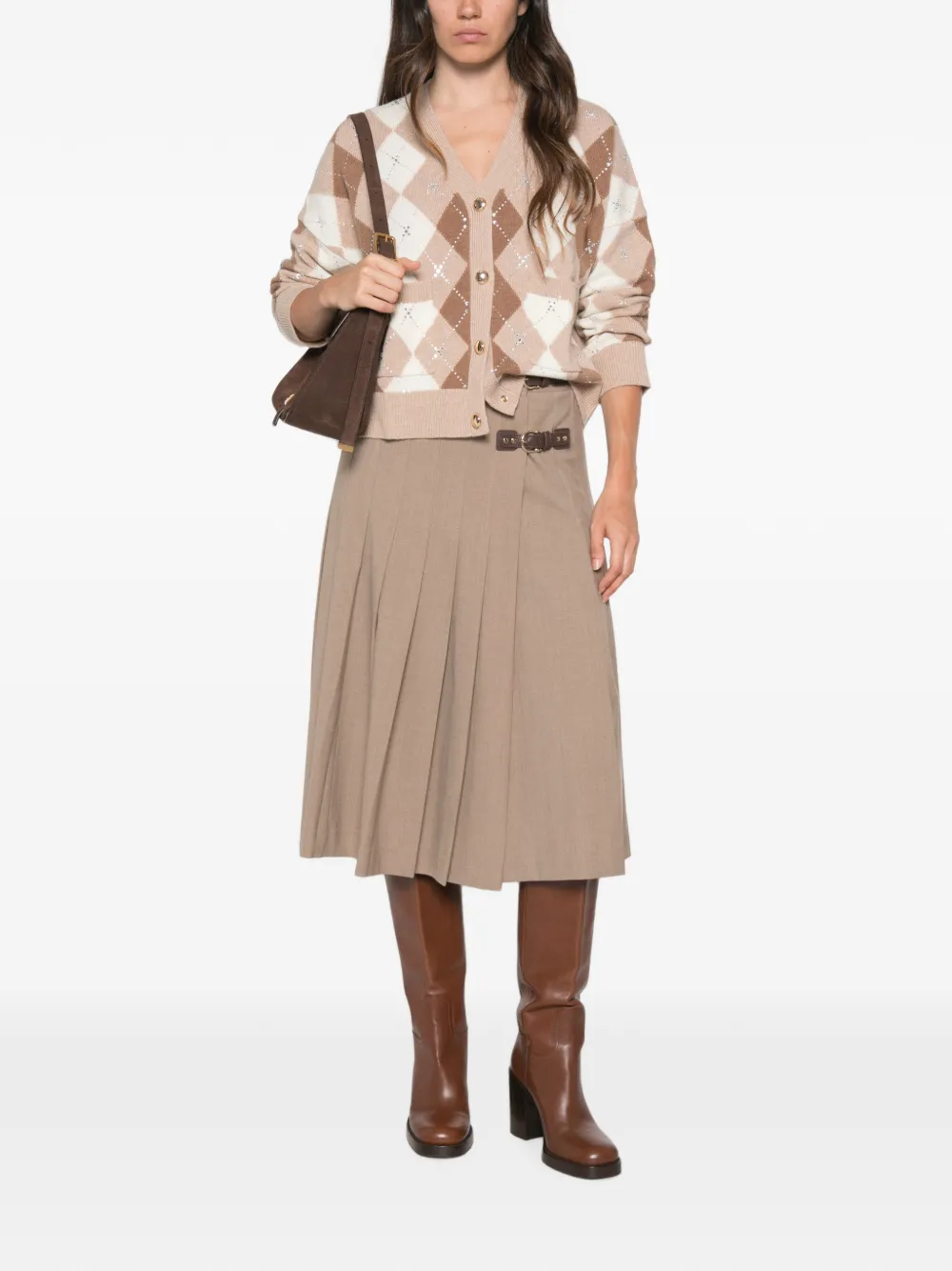 Maje Vest verfraaid met kristallen en argyle-patroon Beige