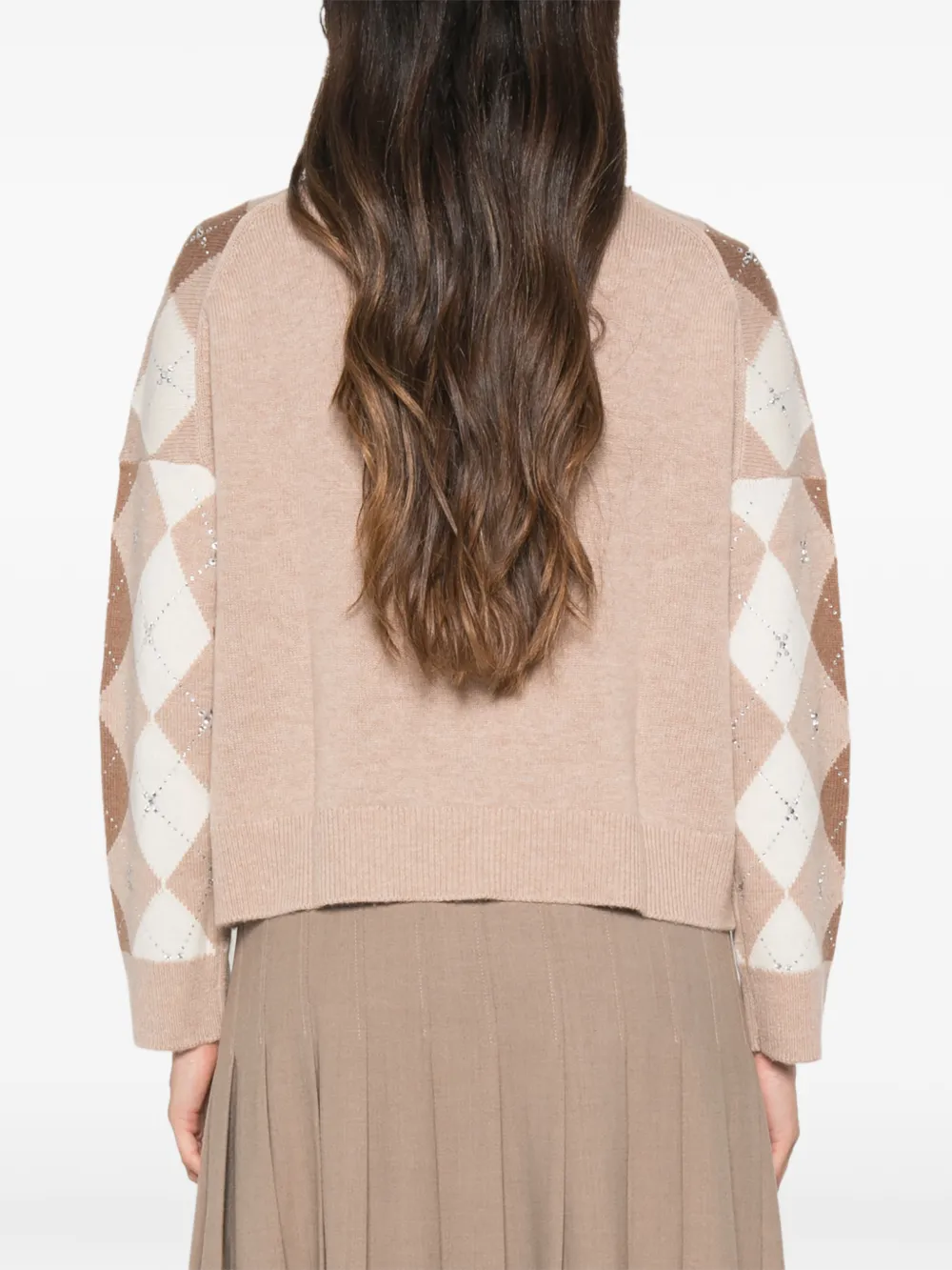 Maje Vest verfraaid met kristallen en argyle-patroon Beige