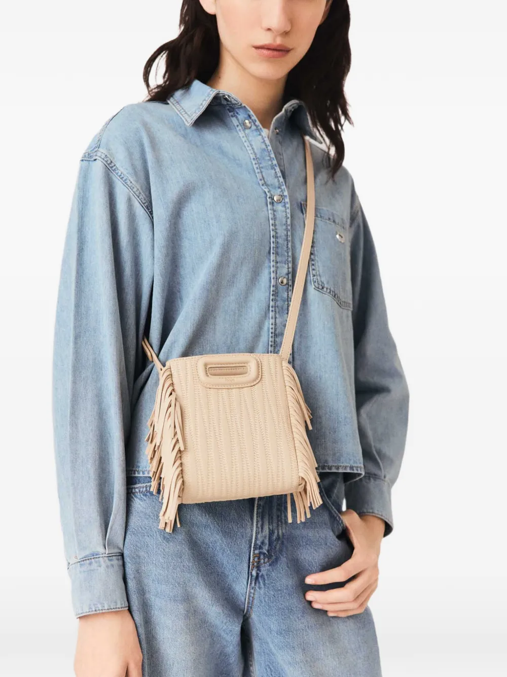 Maje Kleine shopper met franje Beige