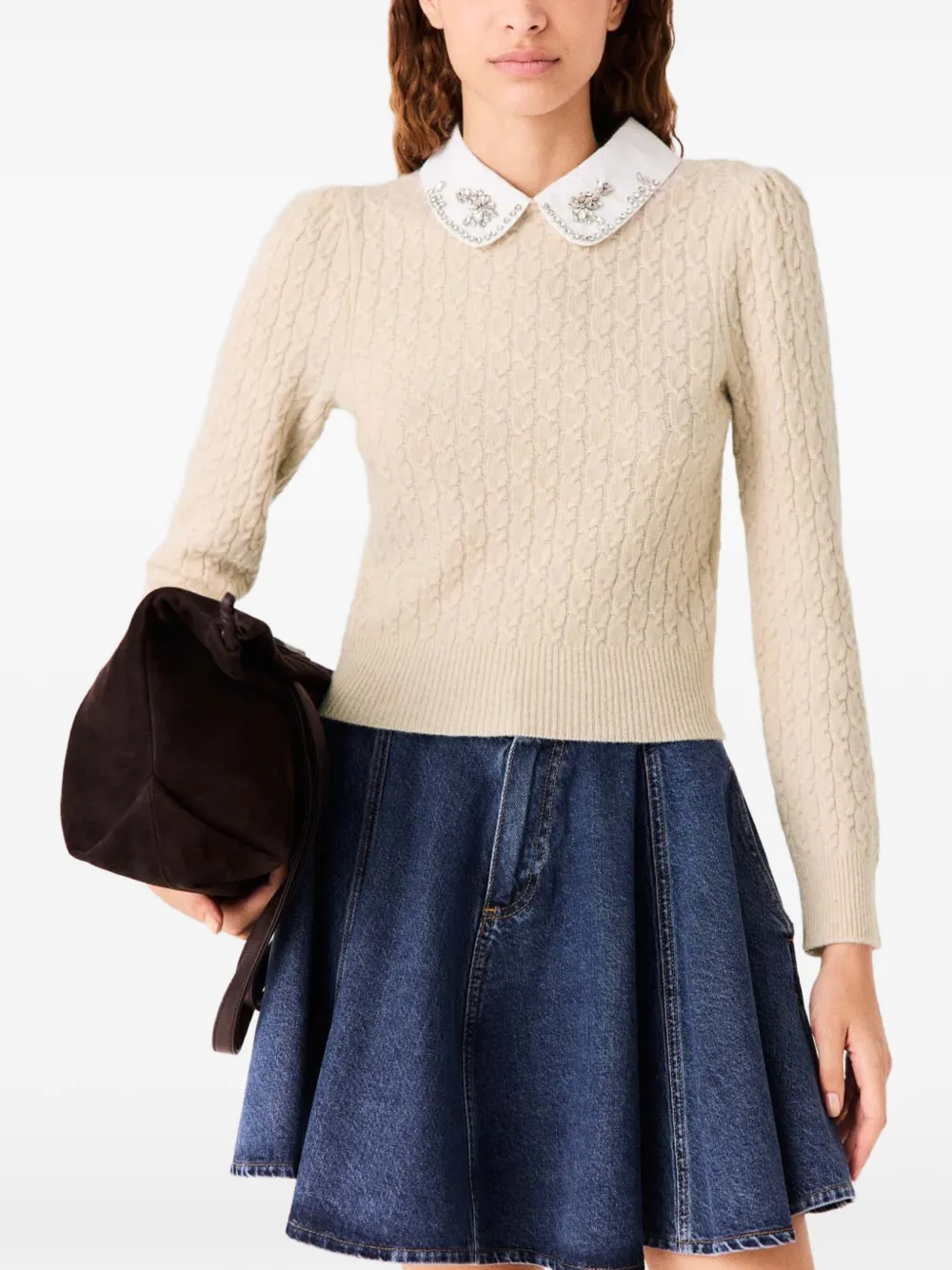 Maje Trui met afneembare popeline kraag Beige