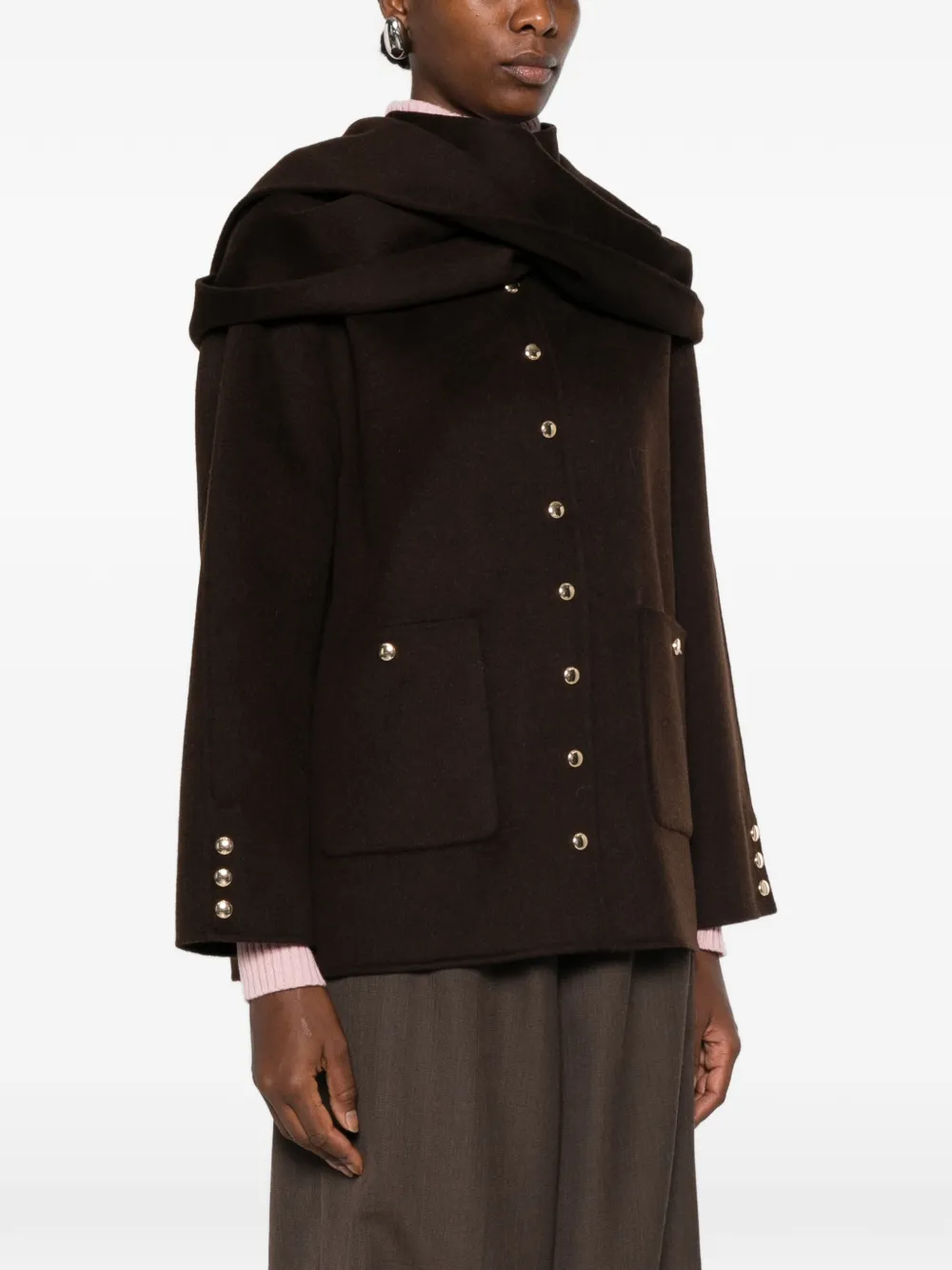 Maje hooded button-up single-breasted coat Bruin