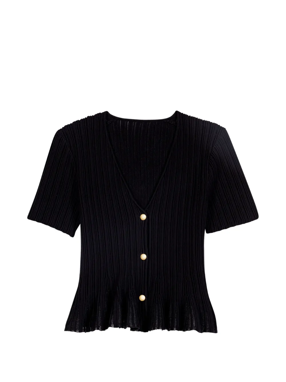 Maje Ruffled Ribbed-knit Cardigan In 블랙