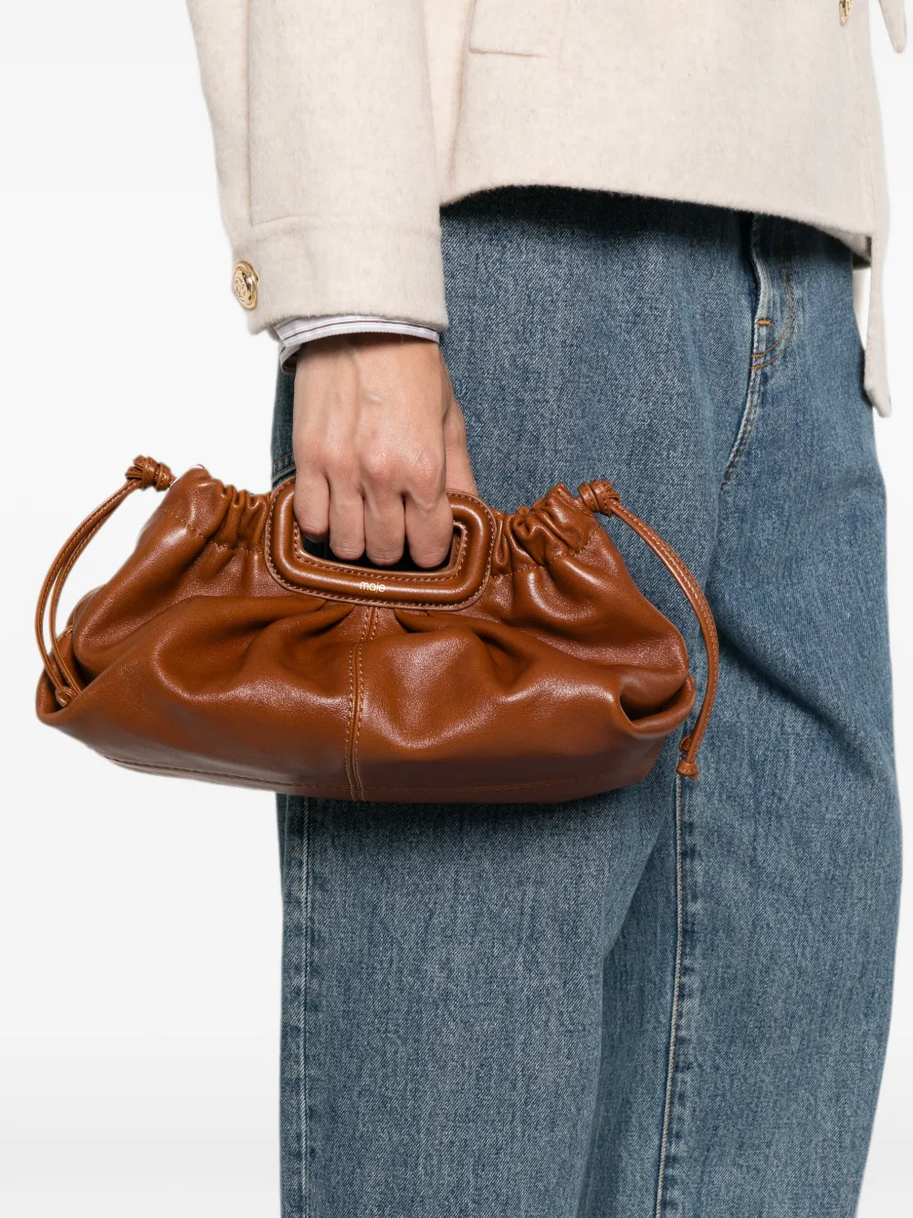 Maje Leren clutch met gesmockt detail Bruin