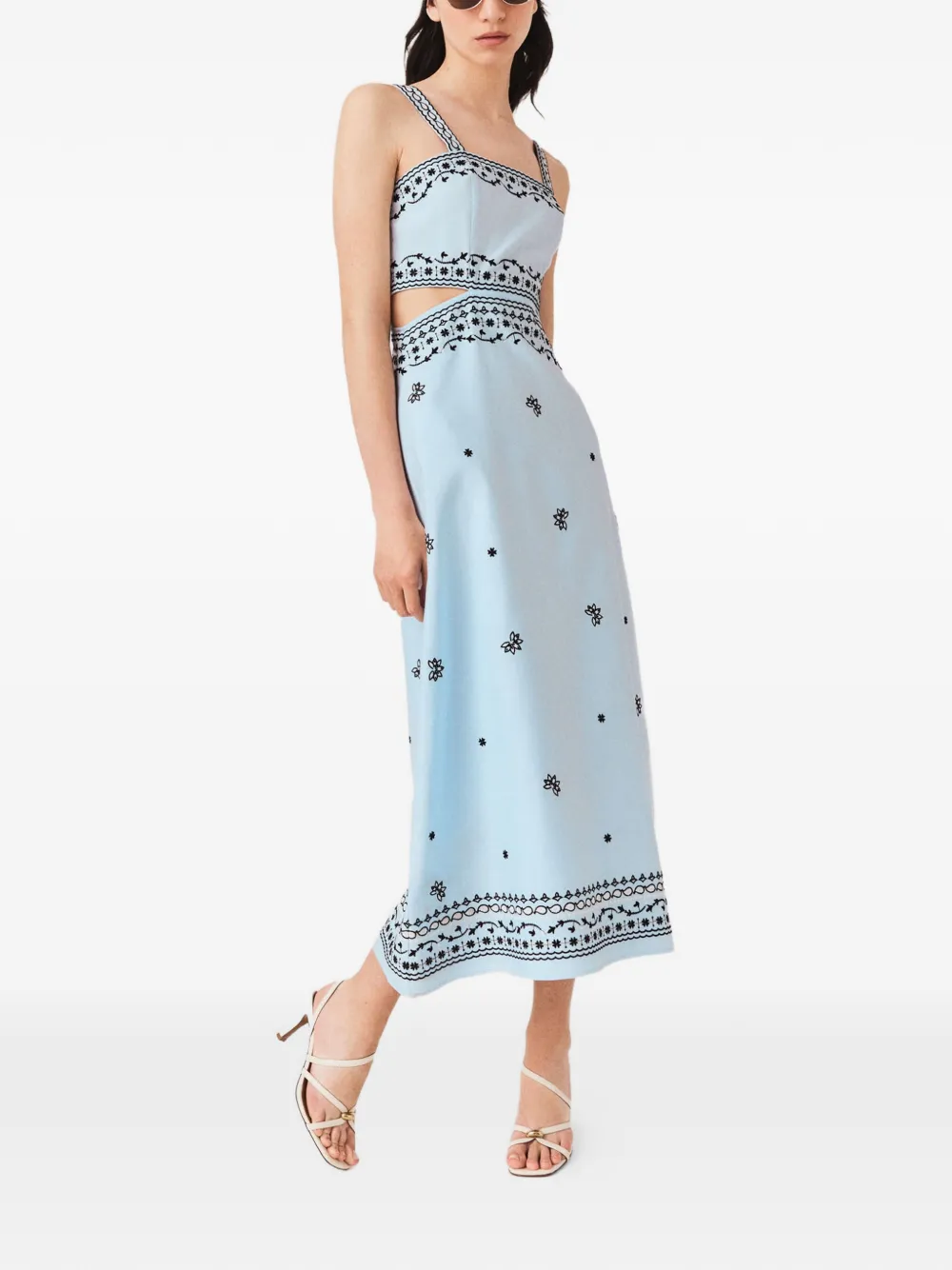 Maje Midi-jurk met geborduurde bloemen Blauw