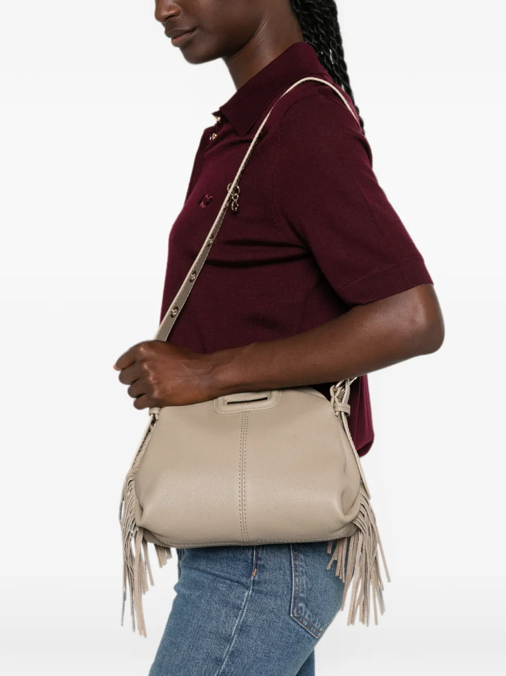 Maje Miss M leren mini-schoudertas met franje Beige