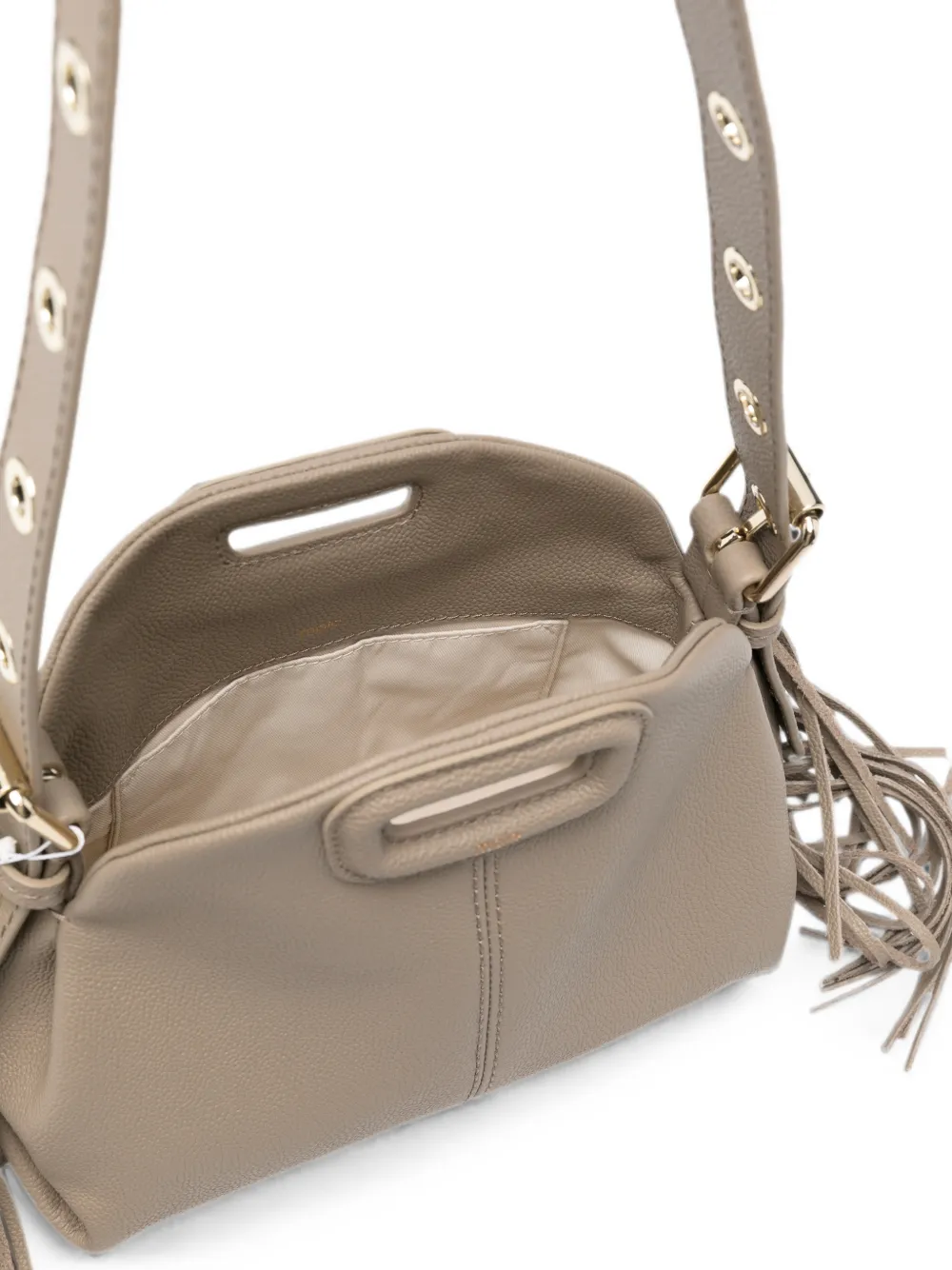 Maje Miss M leren mini-schoudertas met franje Beige