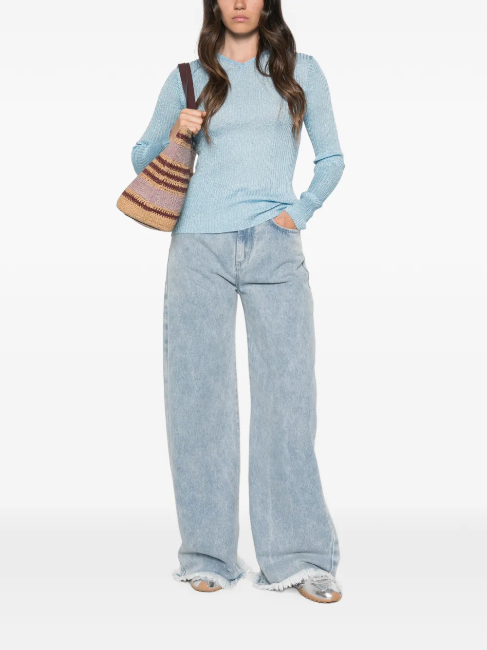 Maje Ribgebreide sweater met V-hals Blauw