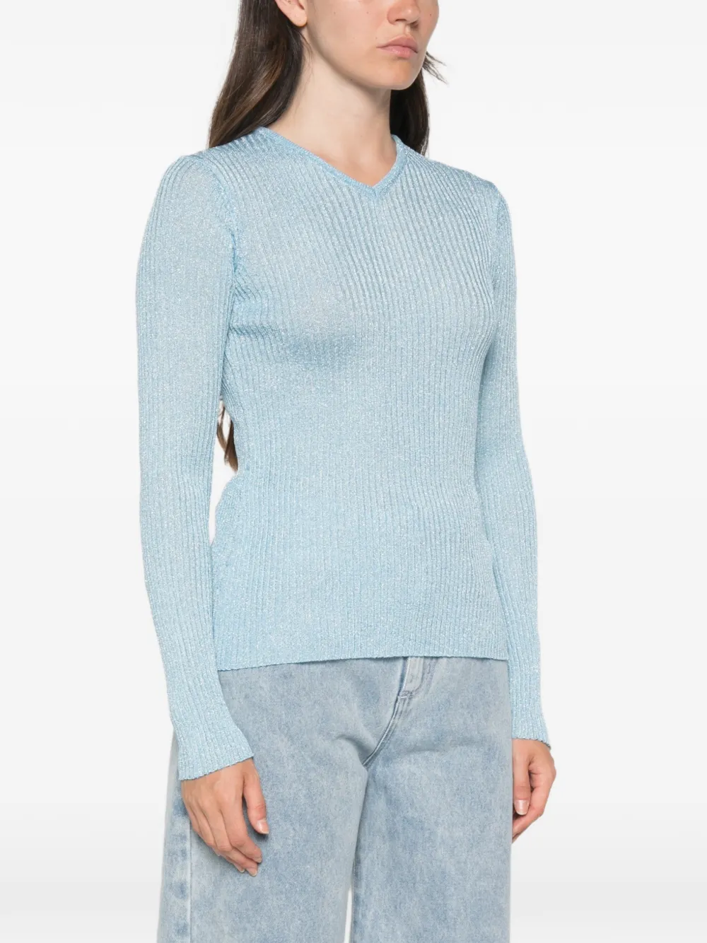 Maje Ribgebreide sweater met V-hals Blauw