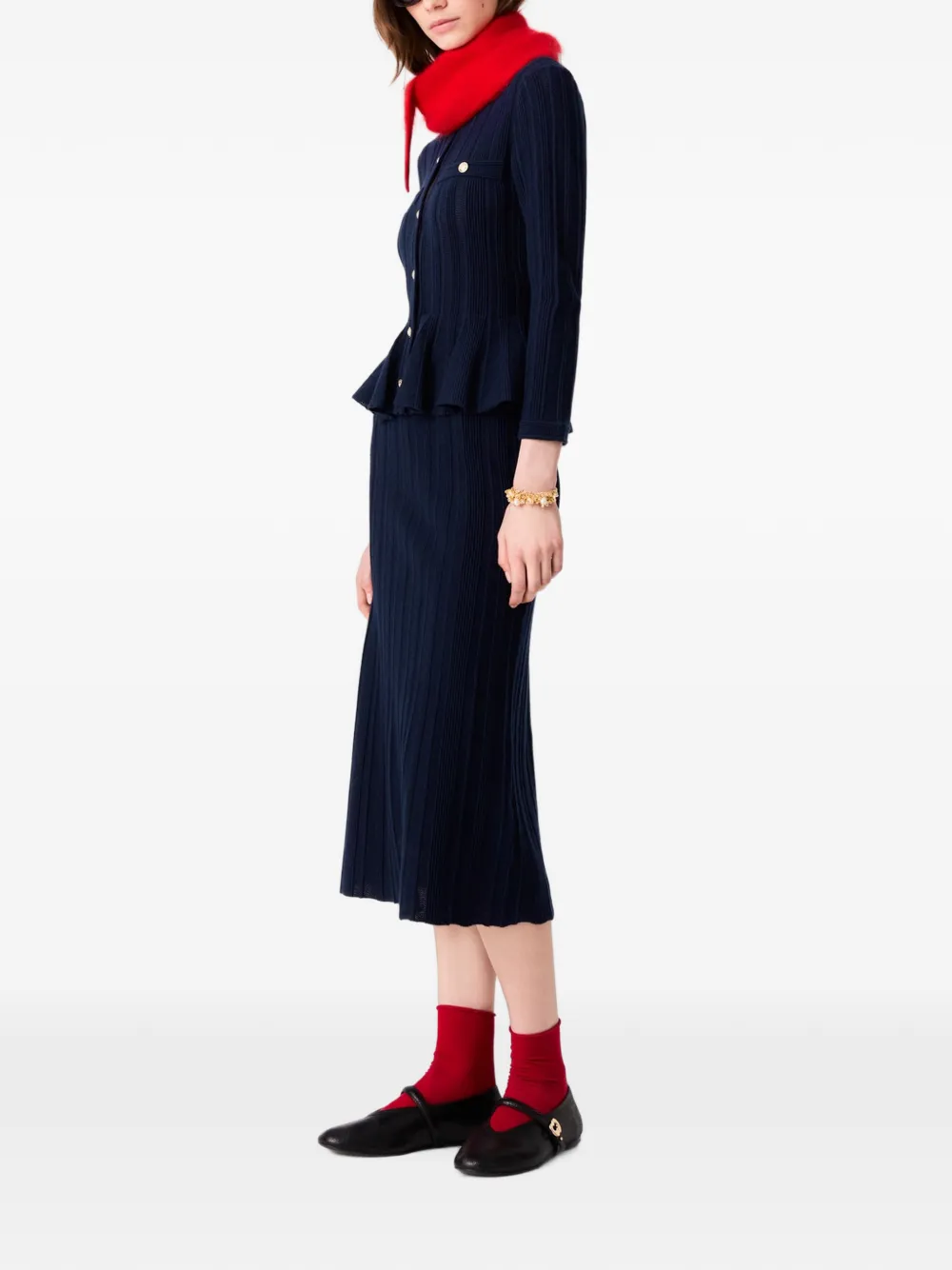 Maje Gebreide jurk met peplum taille Blauw