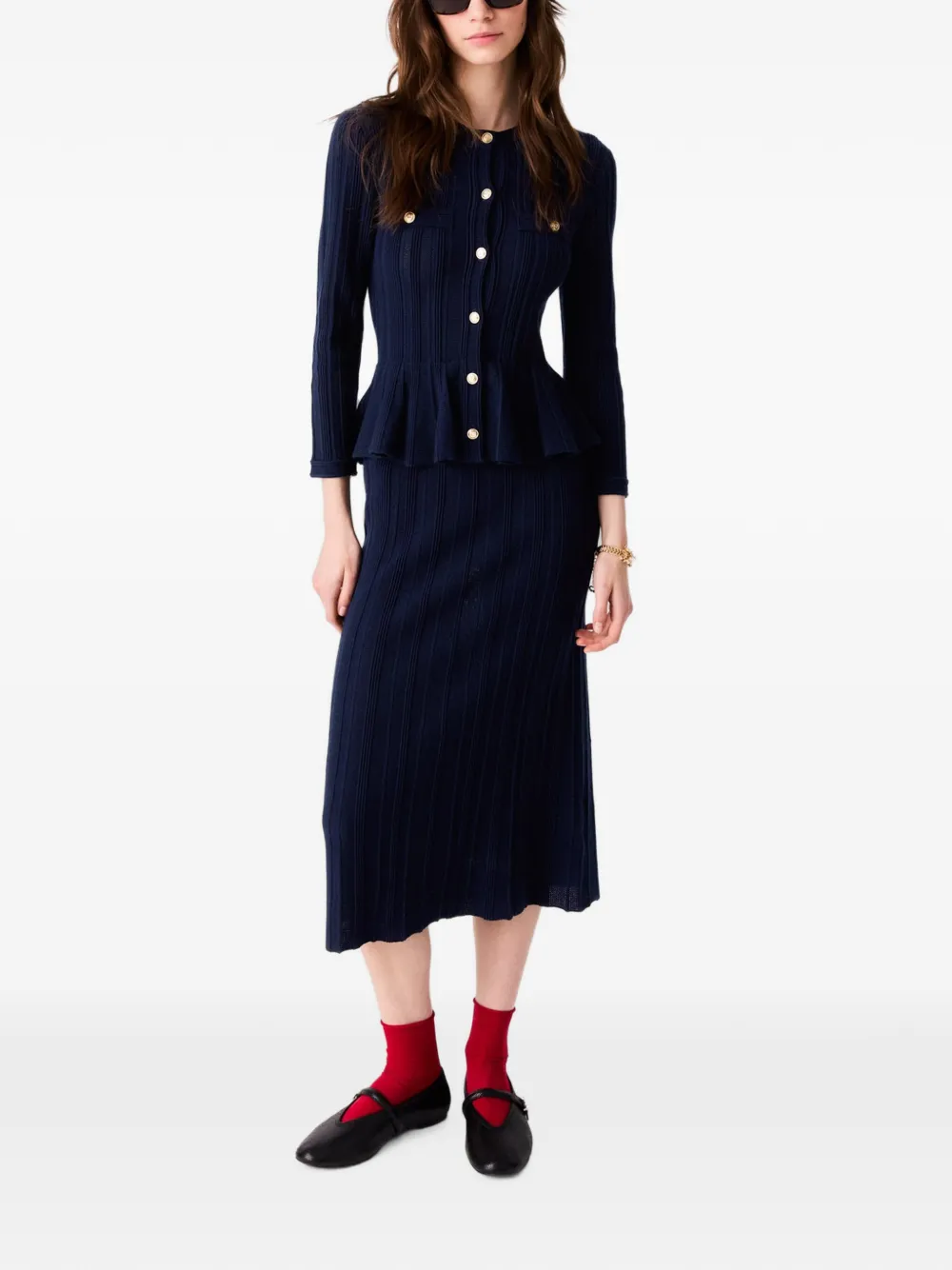 Maje Gebreide jurk met peplum taille Blauw