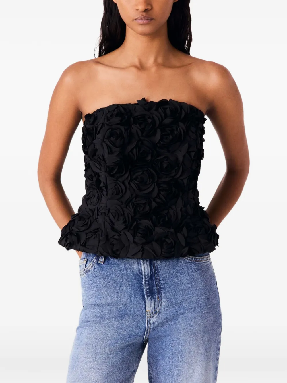 Maje Strapless top met bloemen-applicatie Zwart