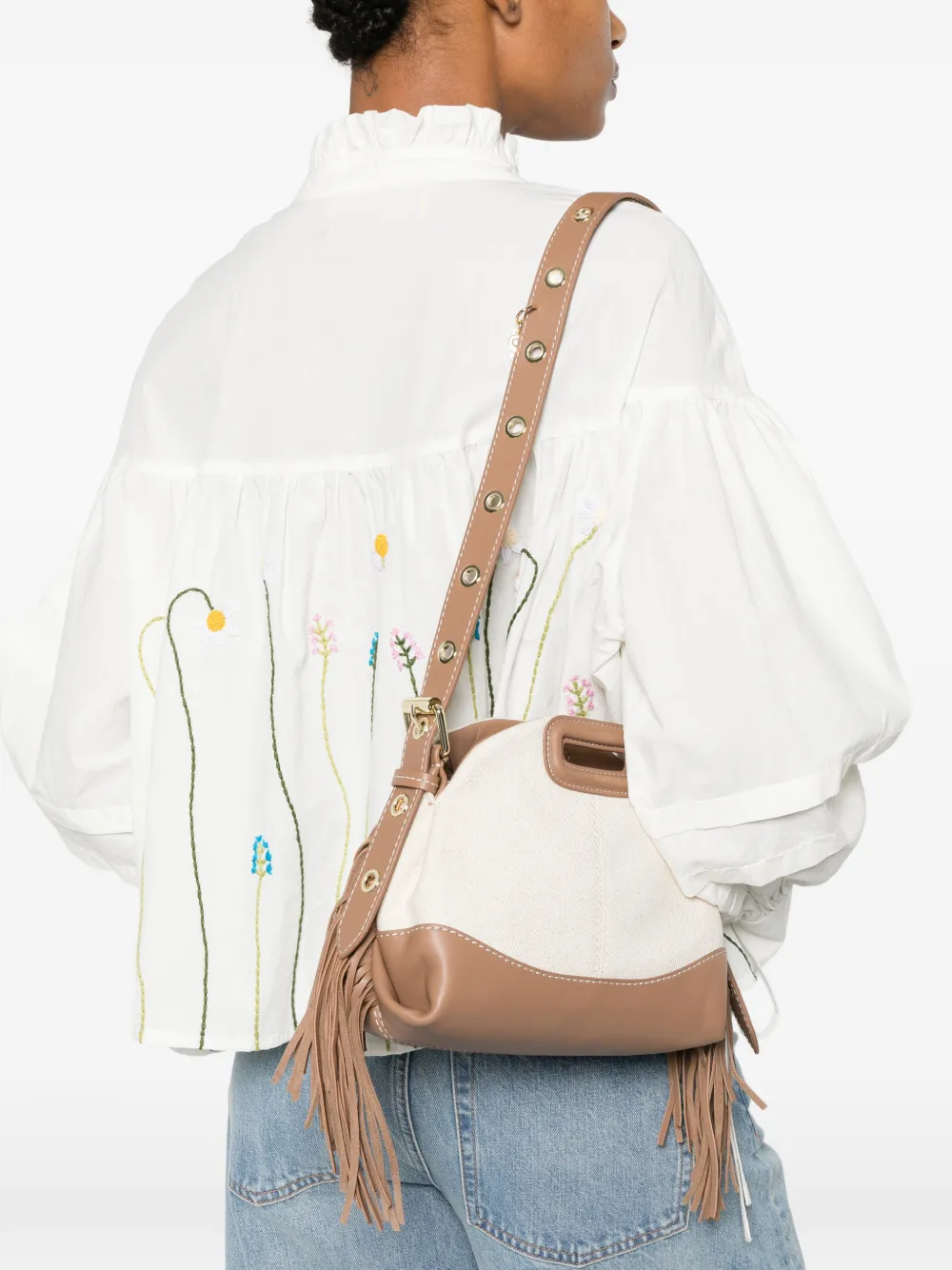 Maje shopper met leren vlakken en logodetail Beige