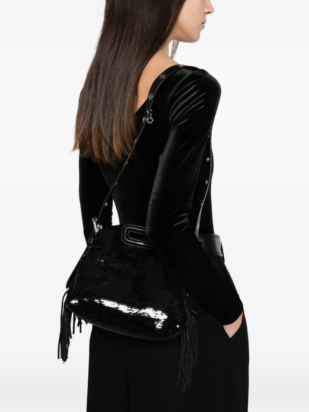 Maje mini Miss M sequin-embellished fringed shoulder bag Zwart