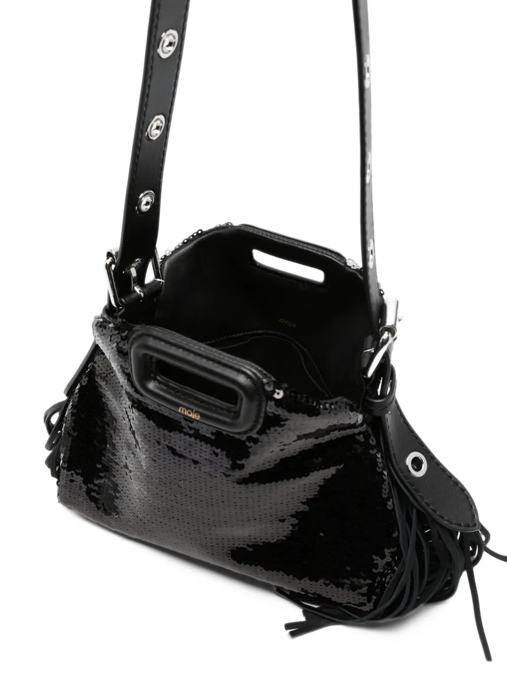 Maje mini Miss M sequin-embellished fringed shoulder bag Zwart