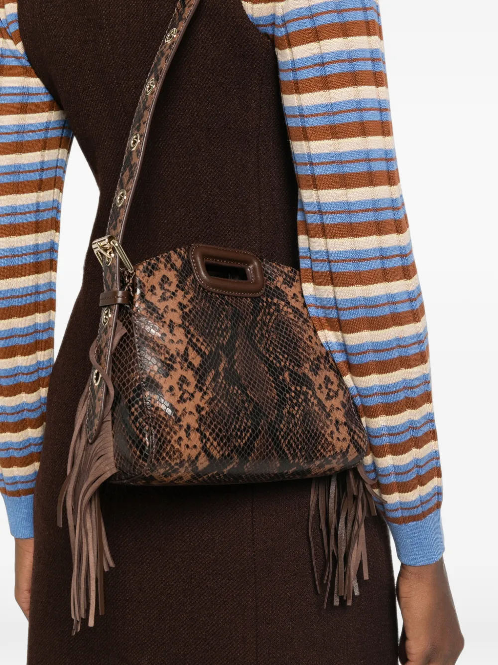 Maje Shopper met slangen-effect en franje Bruin