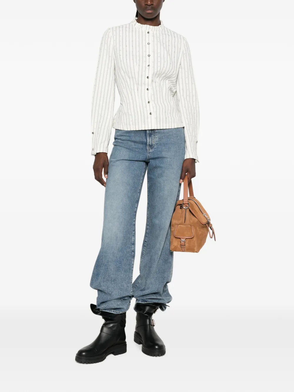 Maje Gestreepte blouse met Victoriaanse kraag Wit