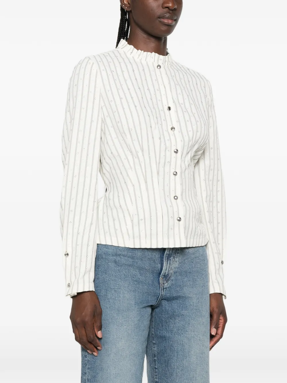 Maje Gestreepte blouse met Victoriaanse kraag Wit