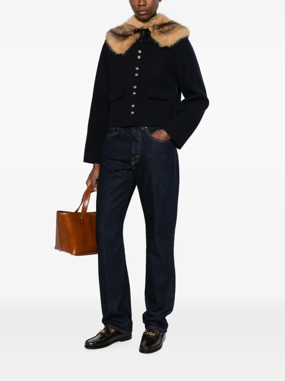 Maje Button-down jas met kraag van imitatiebont Blauw