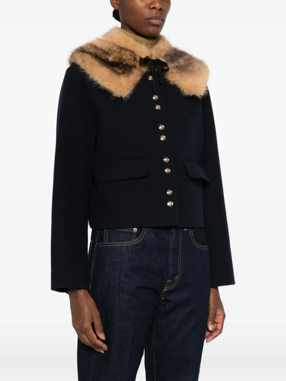 Maje Button-down jas met kraag van imitatiebont Blauw