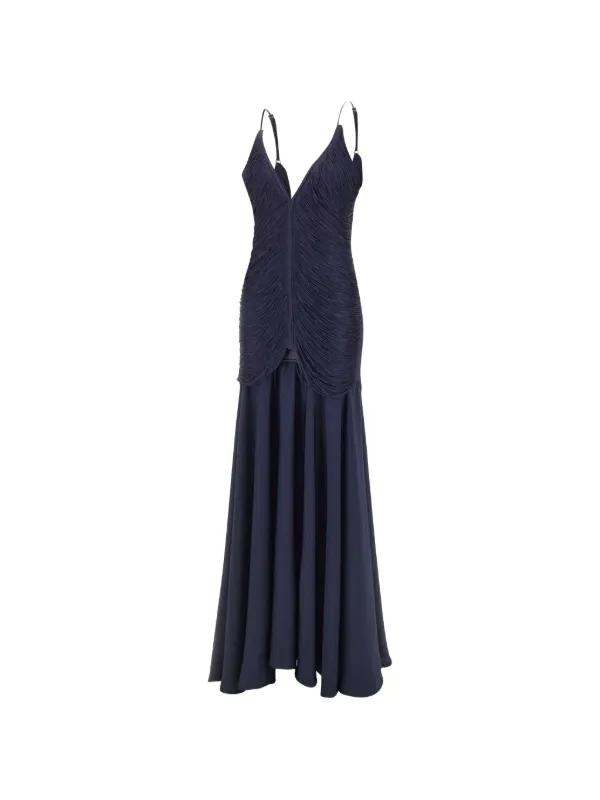 blue fringe maxi dress One Shoulder Fringe Satin Maxi Dress - Navy Blue