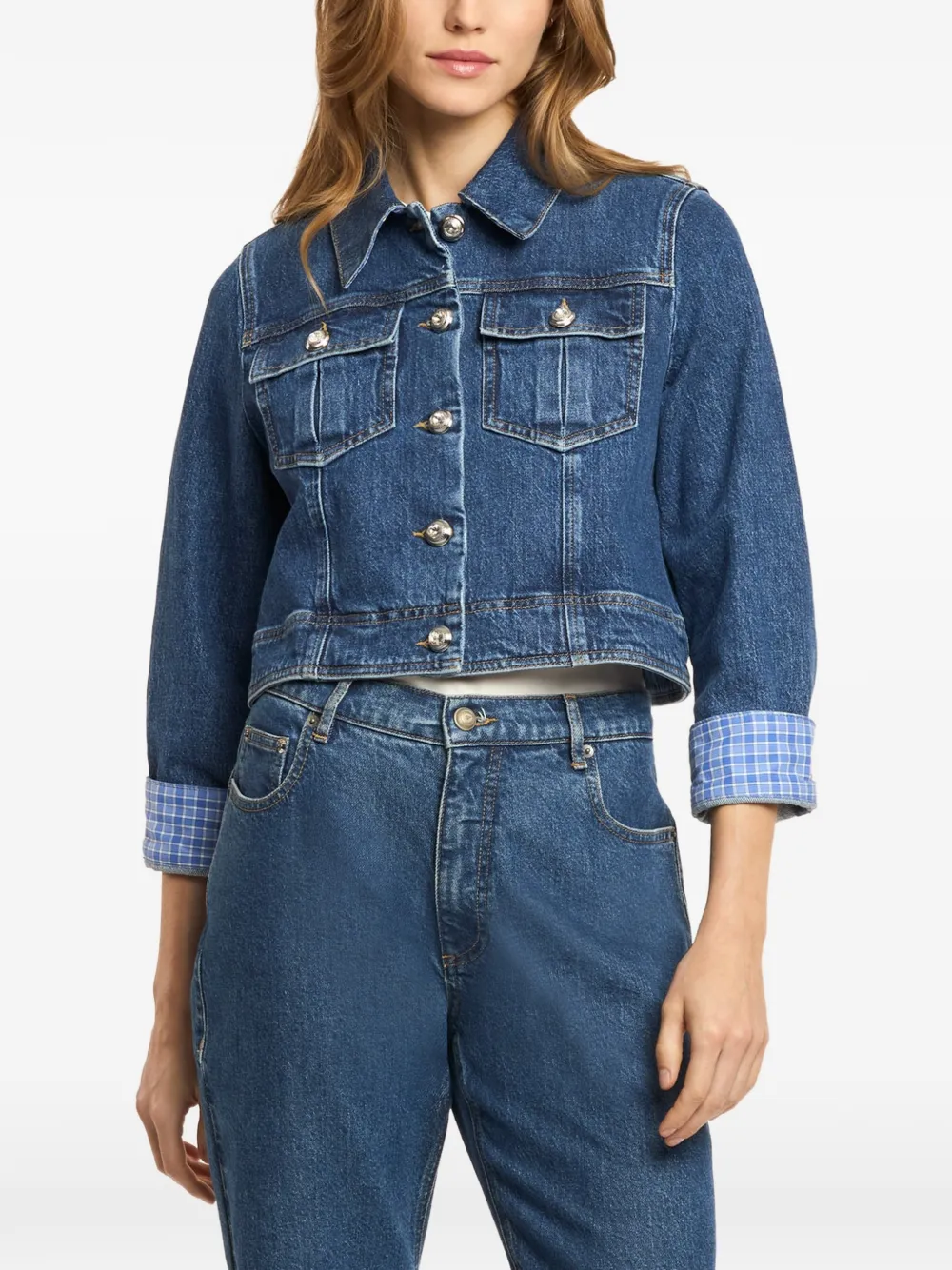 Cinq A Sept Lexie denim jack met geruite cuffs Blauw