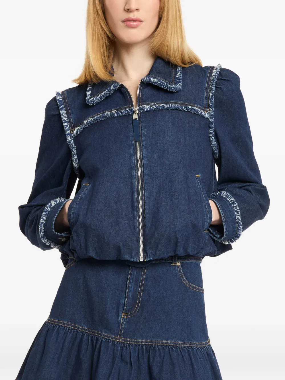 Cinq A Sept Indria tweekleurig denim jack met franje Blauw