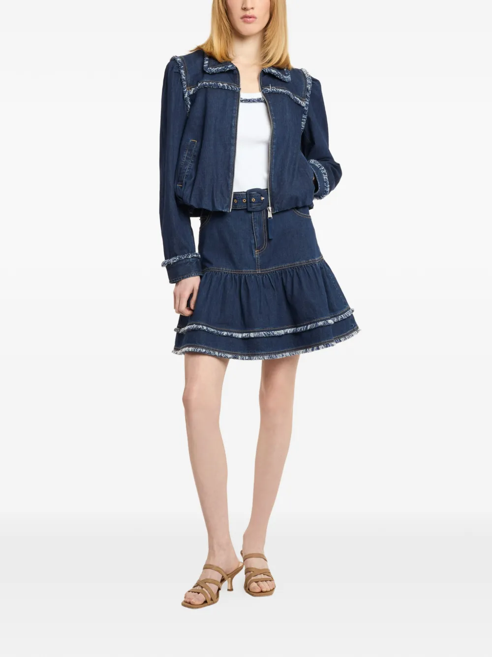 Cinq A Sept Indria tweekleurig denim jack met franje Blauw
